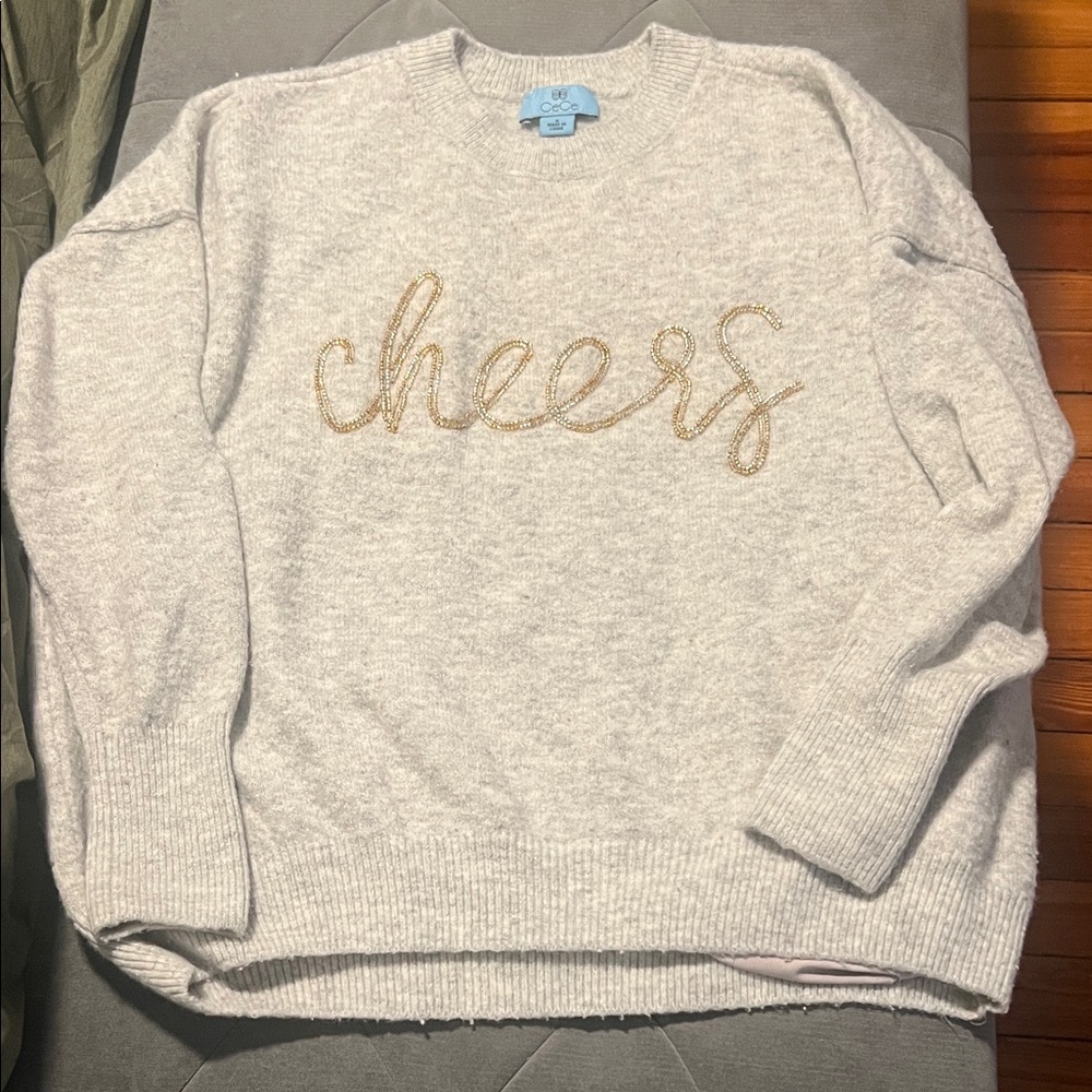 Gray Sweater with Gold 'Cheers' Embroidery